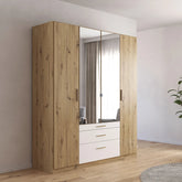 Mosbach 4 Door White & Oak Wardrobe with Mirror and Drawers - 181cm - Pendle Village Furniture